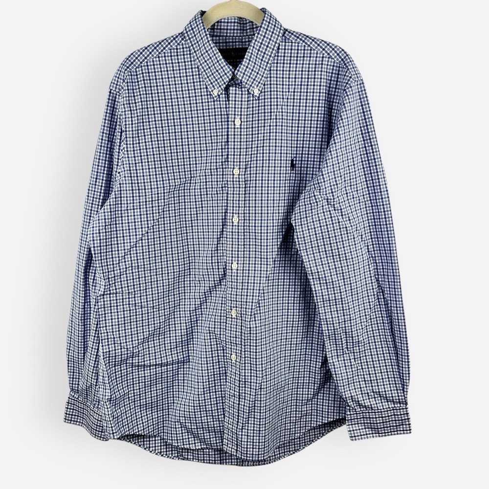 Ralph‎ Lauren Button Down Shirt Mens Large Long Sleeve Blue White Plaid Check